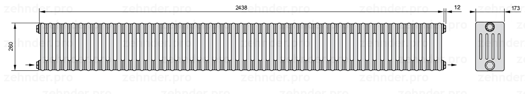Схема (чертеж) Радиатор Zehnder Charleston 5026/53 №2670 Белый глянцевый RAL 9016